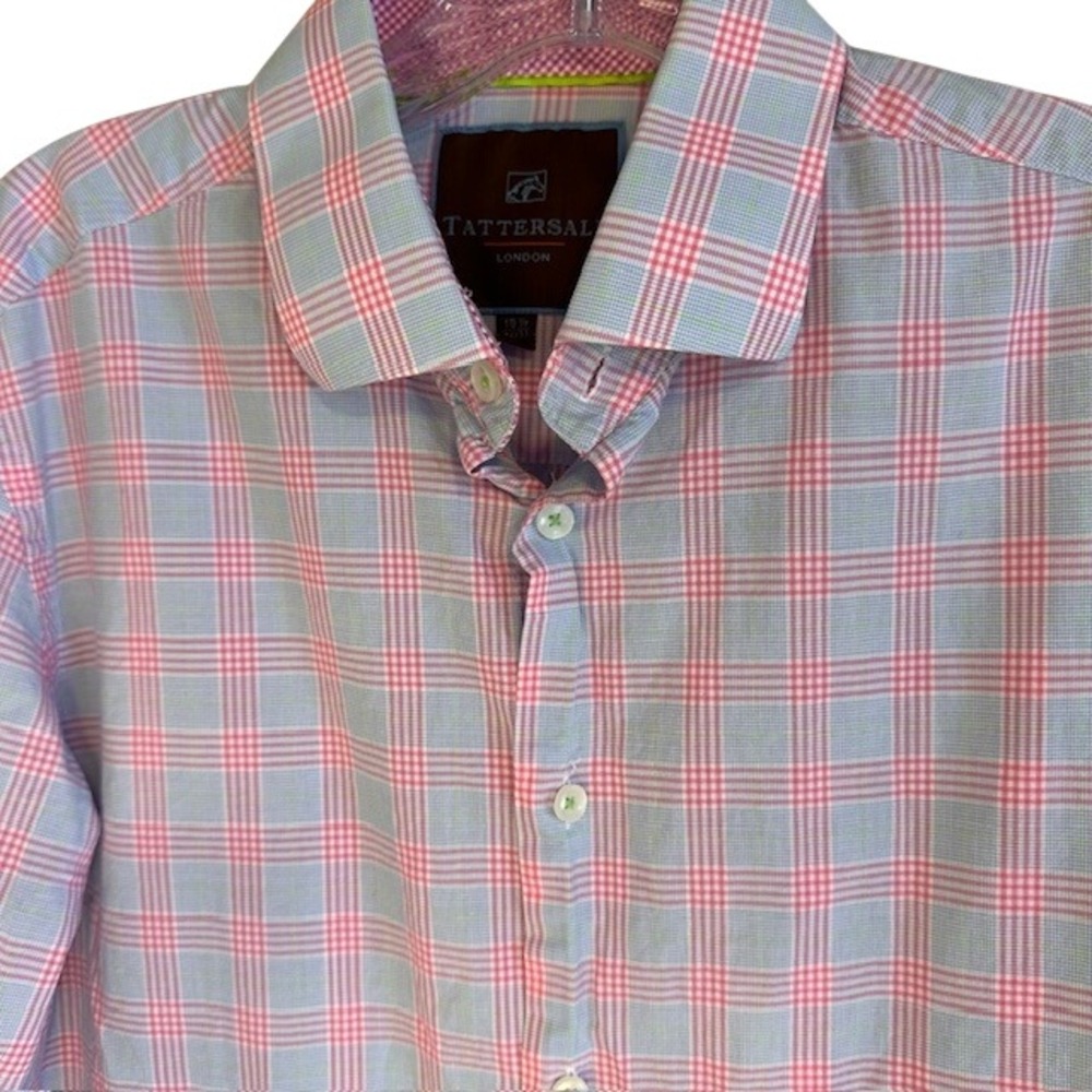 Tattersall London Men's Blue Pink Plaid Men's Button Up Long Sleeve Shirt 15.5
